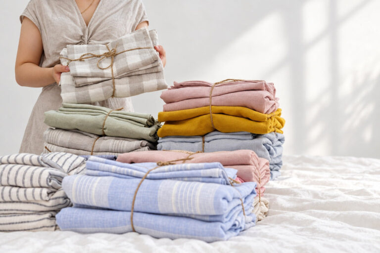 Bộ chăn ga gối linen trung tính chụp trong studio ánh sáng tự nhiên