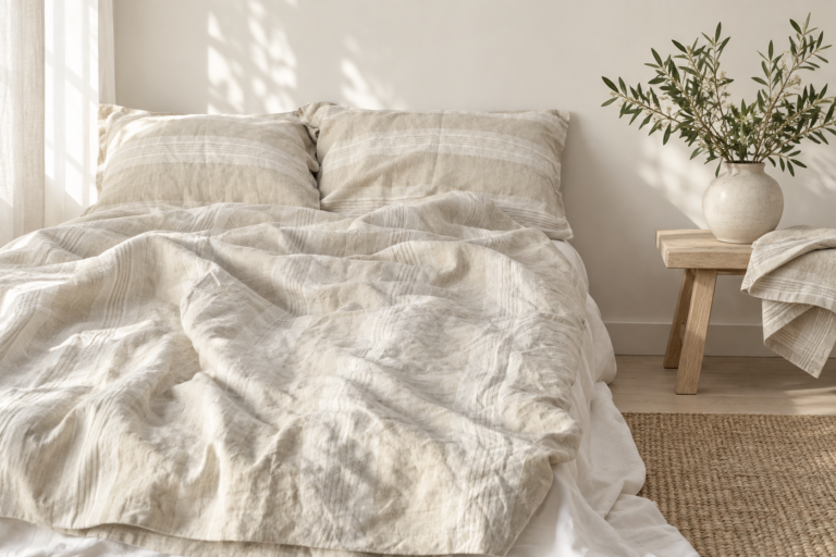 Phòng ngủ nhỏ với chăn ga gối linen trung tính gọn gàng